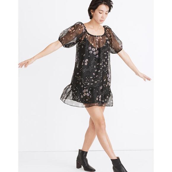 Madewell Dresses & Skirts - Madewell Silk Organza Puff Sleeve Ruffle Hem Mini Dress Polka Daisies XS NWT